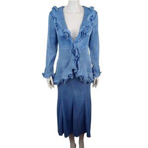 Jerry T Blue Crinkle Ruffle V-Neck Long Sleeve Midi Skirt Suit Womens S